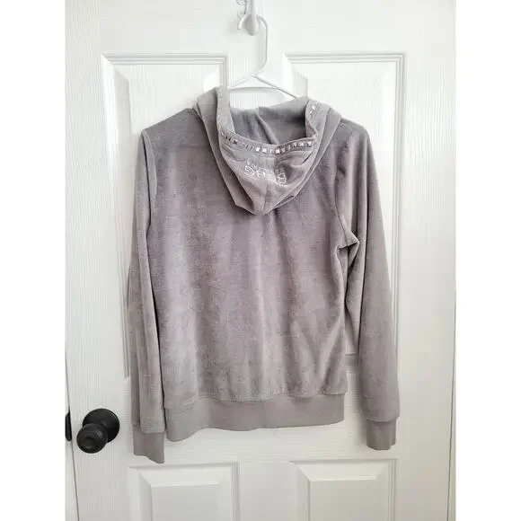 BCBG MaxAzria Velour Gray Zip Up Studded Hoodie Y2K Size MEDIUM - Picture 3 of 8